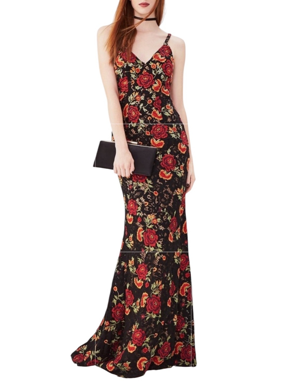 Jovani Sleeveless Black Lace Red Rose Embroidered Romantic Low Back Gown Size 8